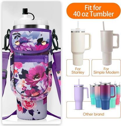 Water Bottle Carrier Bag with Phone Pocket for Stanley 40/30 oz Tumbler Neoprene Insulated Mug Sleeve Pouch with 2 Pockets & Adjustable Strap & Straw Cover for Stanley Cup Accessories