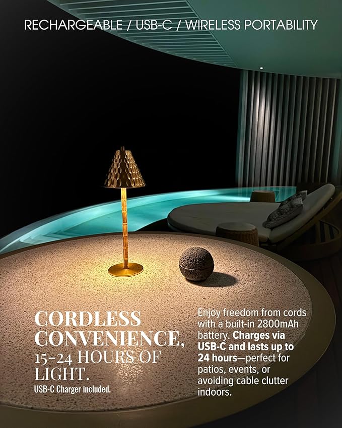 Bamboo Cordless LED Table Lamp – Rechargeable 24-Hour Battery, Dimmable Warm Light, 15" Portable Wireless Lamp with Remote for Indoor/Outdoor Use, Home, Patio, Restaurant – Textured Gold