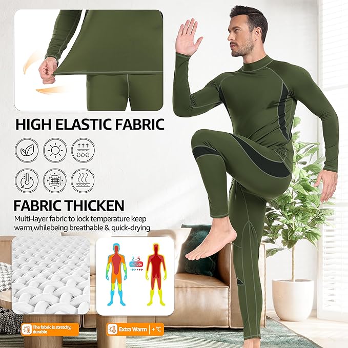 UNIQUEBELLA Men's Thermal Underwear Sets Top & Long Johns Fleece Sweat Quick Drying Thermo Base Layer