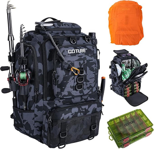 Goture 40L Fishing Tackle Backpack with Cooler and 2 3600 fishing tackle boxes, 900D Water-Resistant Tackle Backpack with Removable Bait Binder, 2 Rod Holders and Rain Cover,Camouflage backpack