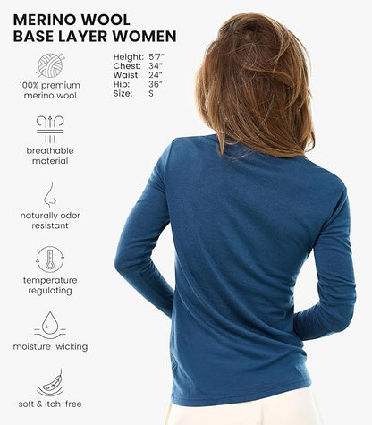 Merino Wool Base Layer Women - 100% Merino Wool Shirt Women Thermal Underwear Long Sleeve T-Shirt for Hiking