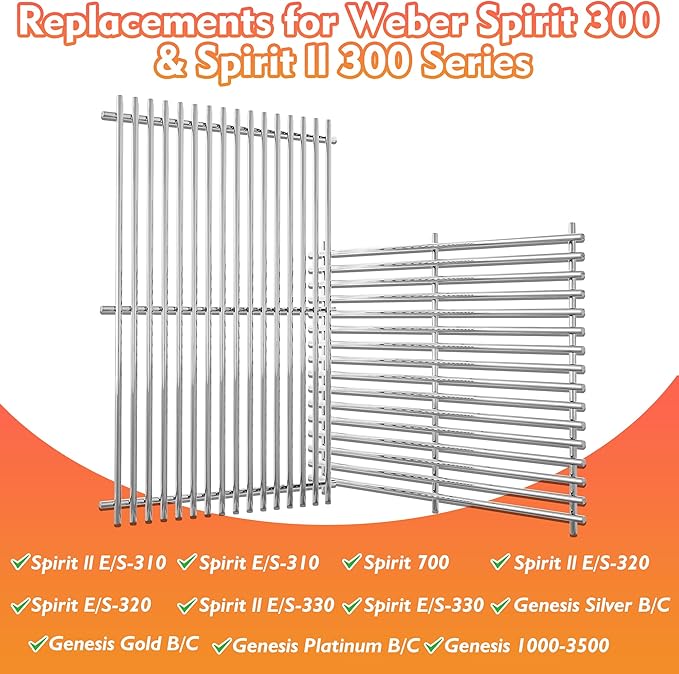 17.5" Grill Grates for Weber Spirit 300, Spirit 700, Genesis Silver/Gold/Platinum B/C, Genesis 1000-3500 (Part #7638) 304 Stainless Steel 2-Pack