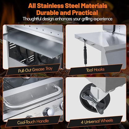 5-Burner Propane Gas Grill with Side Burner, 50,000 BTU, Stainless Steel 4+1 BBQ Grill, Porcelain-Enameled Cast Iron Grates,Locking Casters, Outdoor Grill for Patio & Backyard