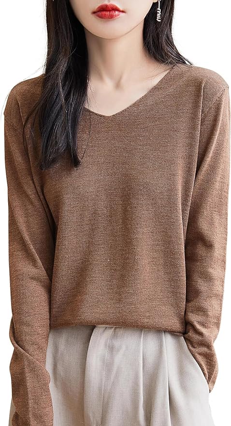 Chanyarn Women's 100% Merino Wool Base Layer Shirt Tops V Neck Long Sleeve Travel Hiking Tee T Shirt Pullover Sweater
