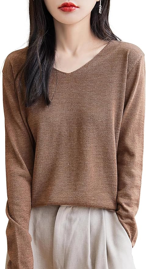 Chanyarn Women's 100% Merino Wool Base Layer Shirt Tops V Neck Long Sleeve Travel Hiking Tee T Shirt Pullover Sweater
