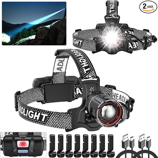 Super Bright Headlamp Rechargeable 2 Pack, High Lumen LED Head Lamp with Motion Sensor, 5 Modes, Zoomable Head Light for Forehead, 90° Adjustable, Waterproof Headlamps for Adults, Hard Hat, Camping