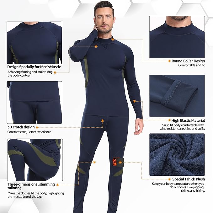UNIQUEBELLA Men's Thermal Underwear Sets Top & Long Johns Fleece Sweat Quick Drying Thermo Base Layer