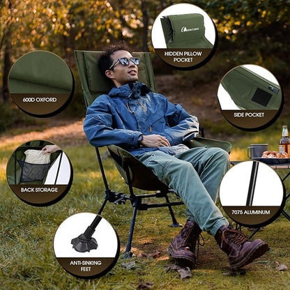 MOON LENCE Oversized Camping Chair for Adults, Height Adjustable High-Back Folding Camping Chair with 400 lbs Capacity, Hidden Pillow Pocket and Wide Seat for Camping, Hiking, Picnics, Green