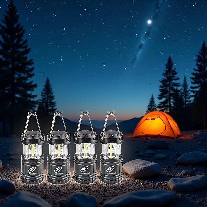 Lightahead Set of 4 Portable Outdoor LED Camping Lantern, Black, Collapsible. Great for Emergency, Tent Light, Backpacking (Without Battery)
