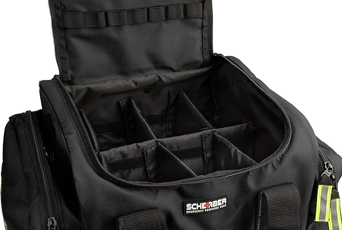 Scherber First Responder Fully-Stocked Large Professional Essentials EMT/EMS Trauma Kit | HSA/FSA Approved | Reflective Bag w/8 Zippered Pockets & Compartments & 250+ First Aid Supplies (Black)