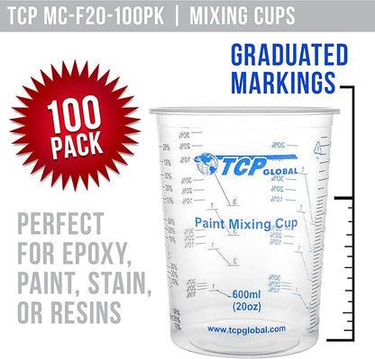 TCP Global 20 oz. (600ml) Graduated Plastic Mixing Cups - Box of 100 with 50 Mixing Sticks - Disposable Plastic Measuring Cups for Liquids, Paints, Resin, Epoxy, Art, Kitchen - Ratios 2-1, 3-1, 4-1 ML