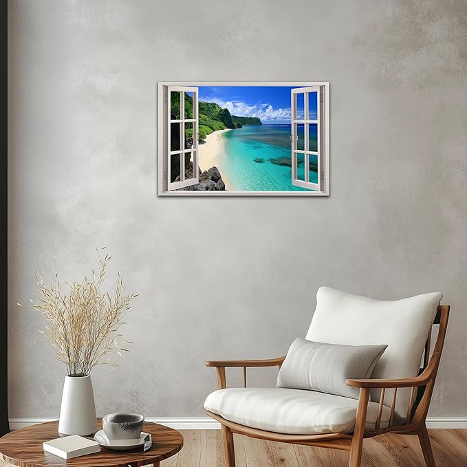 ANRUOXI Beach Window Canvas Wall Art, Enclosed Bedroom Living Room Ocean Coastal Channel Scene Picture, Tropical Sea Landscape Painting Print Artwork Horizontal Seascape Artwork for Bedroom 18x24 Inch