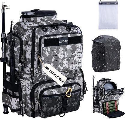 Goture Fishing Backpack, 900D Water-Resistant Tackle Backpack with Rod Holders, 45L Large Fishing Bag Storage Gear Tackle Bag with 8 Lure Pockets, Rain Cover for Camping Hiking(Without Tackle Box)