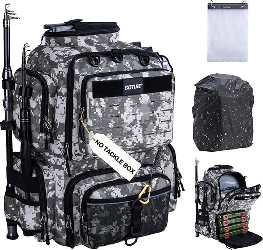Goture Fishing Backpack, 900D Water-Resistant Tackle Backpack with Rod Holders, 45L Large Fishing Bag Storage Gear Tackle Bag with 8 Lure Pockets, Rain Cover for Camping Hiking(Without Tackle Box)