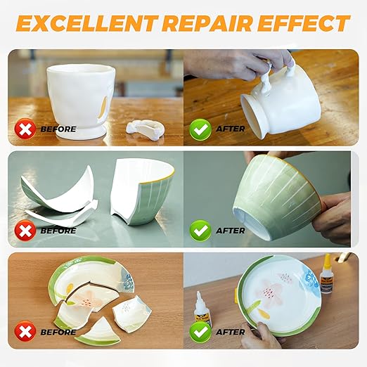 Ceramic Super Glue Liquid, Clear Instant Cyanoacrylate Adhesives for Ceramic Repair Food Safe, All Purpose CA Glue for Shoe Plastic Leather Glass Model Metal Wood Pottery Porcelain Mugs Clay Dishes