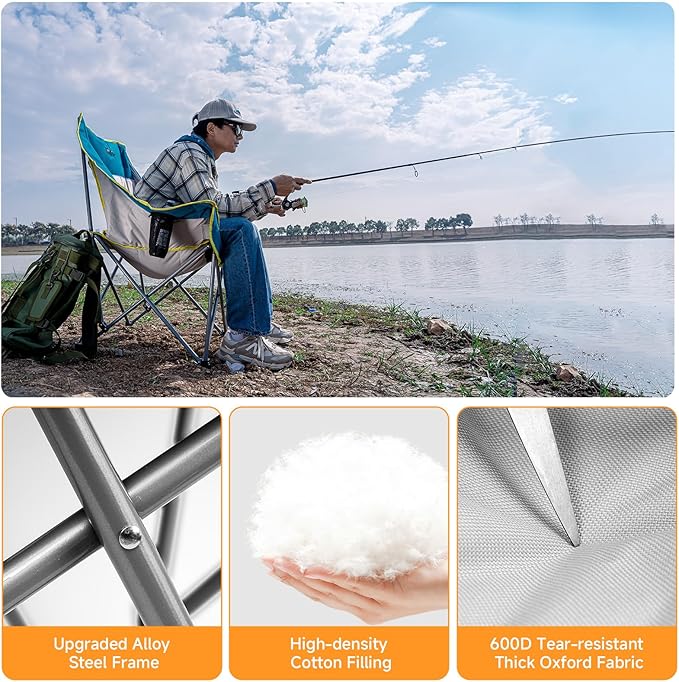 Oversized Camping Chair, Portable Folding Padded Camping Chairs with Cup Holder and Carry Bag, Heavy Duty Outdoor Camping Chairs for Adults, Up to 400Lb, for Fishing (Blue-2 Pack)