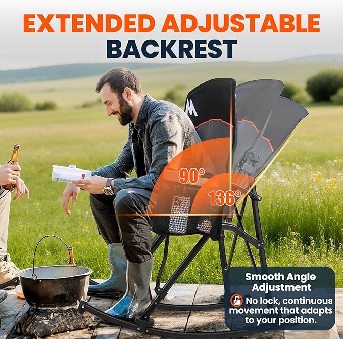 Overmont Back Support Rocking Camping Chair for Adults - Oversized with Adjustable High Backrest - Heavy Duty Folding Rocker Chair Supports 450 LBS - Perfect for Outdoor Lawn Beach Fishing Garden
