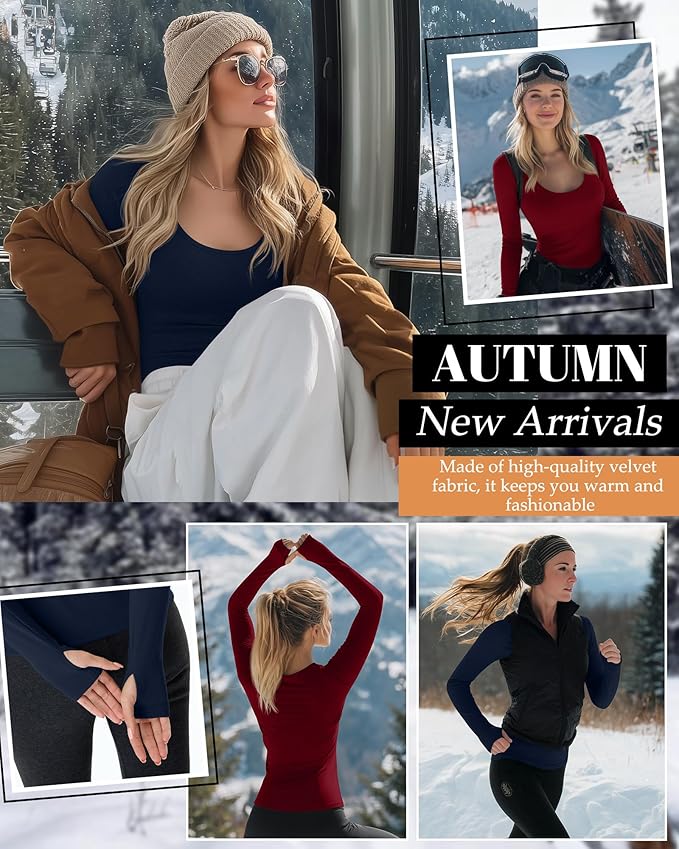 Riyiper 3 Pack Women's Thermal Long Sleeve Shirts, Fleece Scoop Neck Fitted Top Stretchy Thumb Holes Undershirt Baselayer Tee