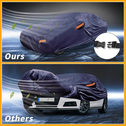 Universal Car Cover Waterproof All Weather 190T-PU, UV Sun Rain Protection, Fits for Sedan Length 187"-198", with Left Side Zipper, Navy Blue