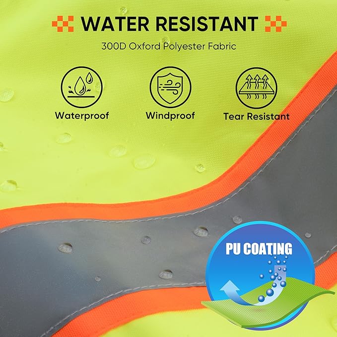 TICONN Waterproof Safety Bomber Jacket, Hi Vis Reflective Rain Jacket, ANSI Class 3 Work Rain Coat for Men Women