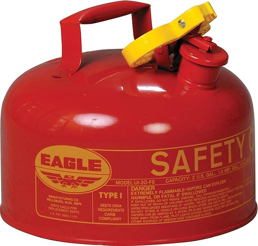 Eagle 2 Gallon Type I Red Safety Gas Can for Gasoline with Flame Arrester and Self-Closing Lid, Made in the USA, Galvanized Steel Flammable Storage Can, UI20S
