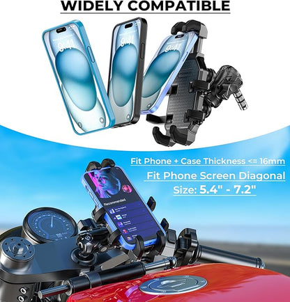 Motorcycle Fork Stem Phone Mount [Vibration Dampener] [Anti-Shake] One-Handed Operation Motorcycle Cell Phone Holder, Fit 12mm-25.4mm Diameter Fork Stem Tube, for 5.4"-7.2" Smartphone