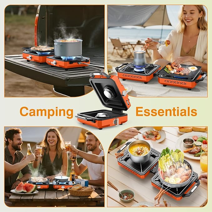 ODSD 2 Burner Camping Stove with Windshield, 20000 BTU Propane Camp Stove, Portable Folding Gas Stove, Camping Essentials Gear Includes Frying Pan, Coffee Stand & Carry Bag, Orange