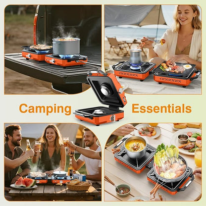 ODSD 2 Burner Camping Stove with Windshield, 20000 BTU Propane Camp Stove, Portable Folding Gas Stove, Camping Essentials Gear Includes Frying Pan, Coffee Stand & Carry Bag, Orange