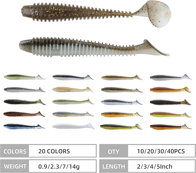 RUNCL Swimbaits Paddle 10/20/30/40PCS, 5/4/3/2 Inchs Paddle Tail, Soft Lure for Trout Crappie Bass, Durable Plastic Bait Swimmer for Saltwater/Freshwater, Fishing Lover's Gift