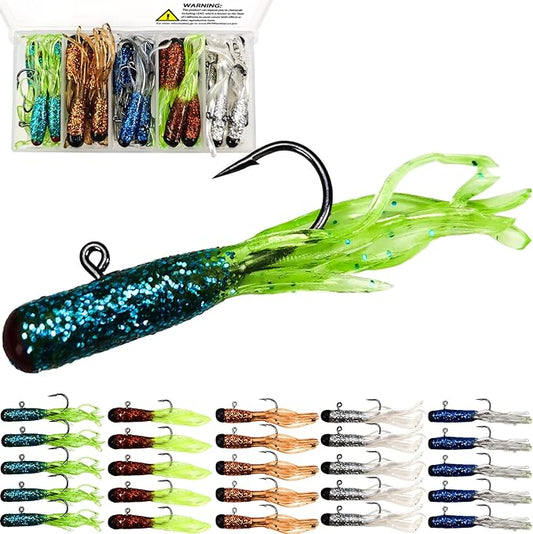 Crappie Lures Tube Lures Jigs Heads Worms Swimbaits Kit, 165, 124, 50 Pcs Pre-Rigged Crappie Jigs Tube Hooks Soft Plastic Grub Worms Baits for Bass Trout Freshwater Saltwater Fishing