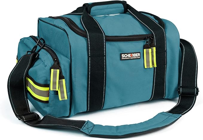 Scherber First Responder Fully-Stocked Large Professional Essentials EMT/EMS Trauma Kit | HSA/FSA Approved | Reflective Bag w/8 Zippered Pockets & Compartments & 250 First Aid Supplies (Blue)
