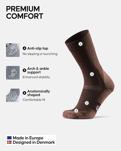 DANISH ENDURANCE Merino Wool Hiking Crew Socks for Men & Women, Cushioned Anti-Blister, Breathable - 3 Pairs