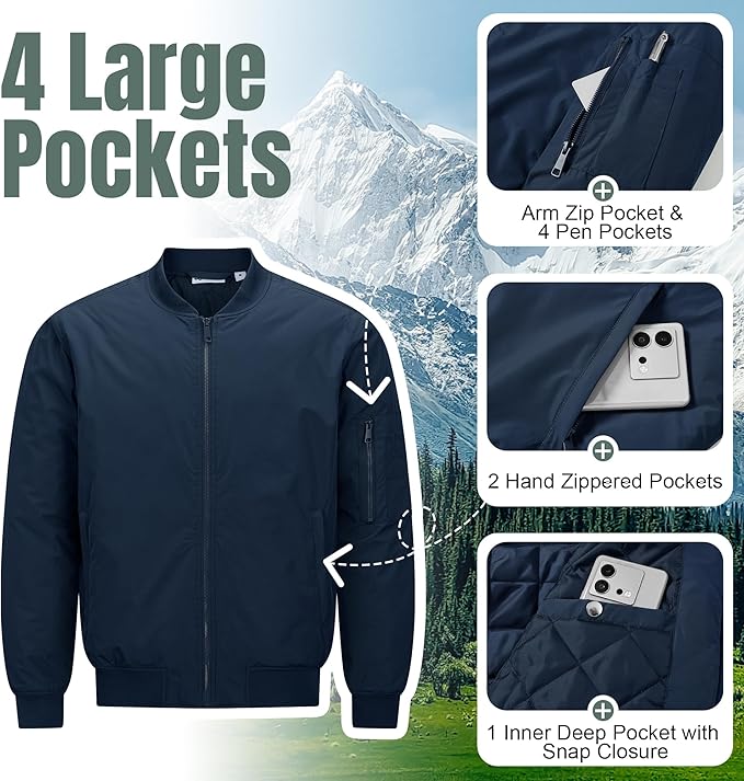 33,000ft Men's Bomber Jacket Waterproof Zip Up Windbreaker Quilted Padded Lightweight Warm Casual Spring Fall Winter Coat