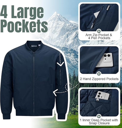 33,000ft Men's Bomber Jacket Waterproof Zip Up Windbreaker Quilted Padded Lightweight Warm Casual Spring Fall Winter Coat