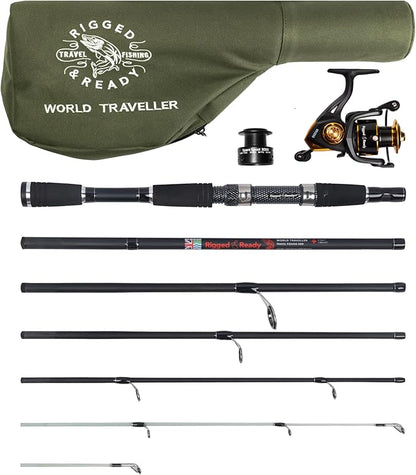 Rigged and Ready World Traveller Rod Reel Case Combination + 2 Tips 215+190cm (7'+6') Angling Travel Pole. Spin Bait Carp Pike Freshwater Saltwater Sea Fishing