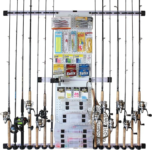 Rush Creek Creations - Fishing Rod Holder for Garage, Fishing Pole Rack Wall Mount & Tackle Storage, No Limit Vertical Fishing Rod Rack Holder, Modular Wall Unit, Fishing Pole Rods Rack