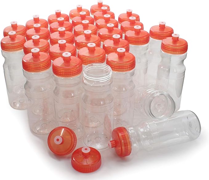 Rolling Sands USA Made 24 Ounce Sports Water Bottles - 30 Pack BPA-Free Blank Plastic Bottles for Teams, Gyms & Studios - Translucent Clear Bottle/Orange Lid