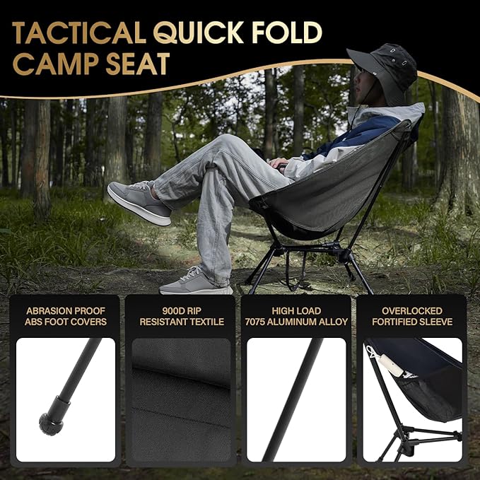 MOON LENCE Portable Camping Chair, Lightweight Folding Backpacking Hiking Chair, Plus Size Compact Yet, Support 330 lbs (Black)