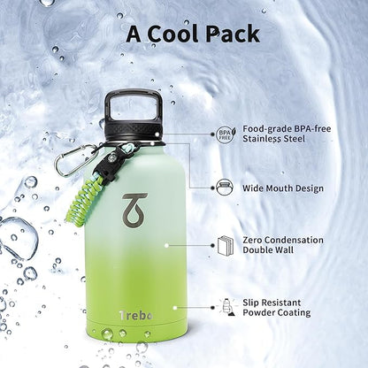 Trebo 64 oz Water Bottle Insulated with Paracord Handle and Straw, Half Gallon Vacuum Stainless Steel Large Water Jug Keep Cold 48 Hours, Reusable Water Flask with 3 Lids for Men Women Gym, Dark Green