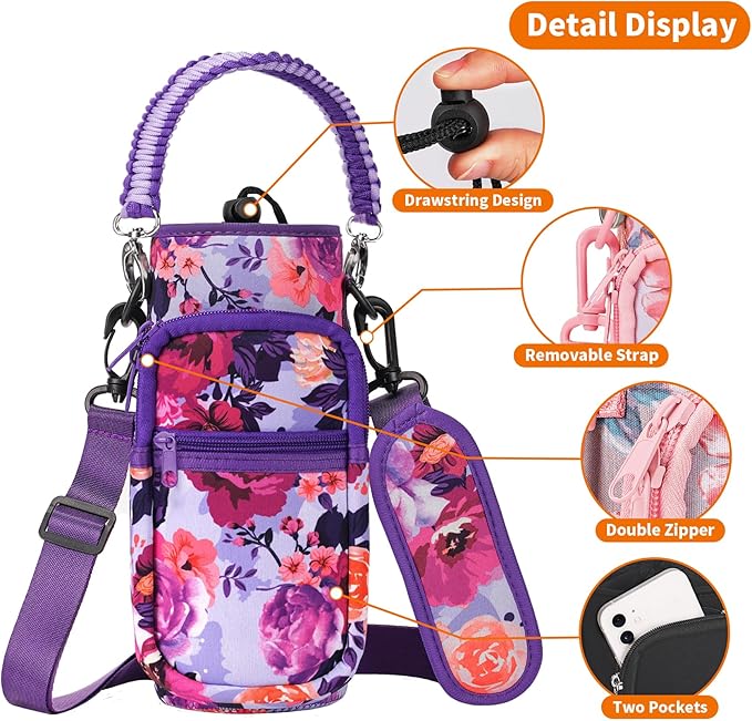 32/40/64/128 oz Neoprene Insulated Water Bottle Carrier Bag, Sling Bag Sleeve Pouch Holder with Strap & Paracord Handle and 2 Pocket for Travelling, Hiking, Camping