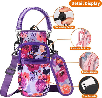 32/40/64/128 oz Neoprene Insulated Water Bottle Carrier Bag, Sling Bag Sleeve Pouch Holder with Strap & Paracord Handle and 2 Pocket for Travelling, Hiking, Camping