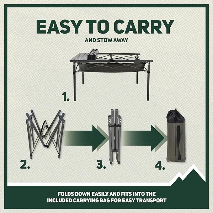 OUTSIDER Folding Camping Table, Portable Roll-up Outdoor Lightweight Aluminum Camp Table for Picnic BBQ Backyards Beach, Large Storage Mesh Pocket and Carrying Bag Included