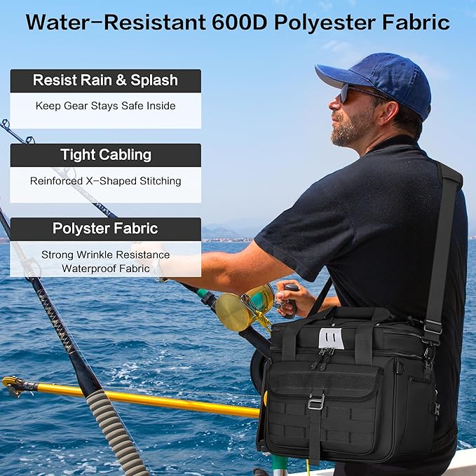 30L Large Fishing Tackle Bag, Waterproof Tackle Box Bag for Saltwater & Freshwater Fishing, Gear and Equipment Storage, Padded Shoulder Strap, Gift for Men, Black