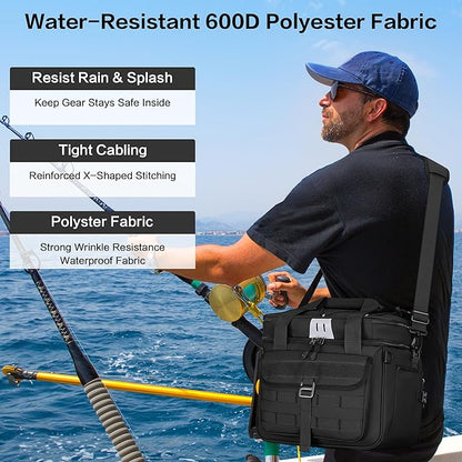 30L Large Fishing Tackle Bag, Waterproof Tackle Box Bag for Saltwater & Freshwater Fishing, Gear and Equipment Storage, Padded Shoulder Strap, Gift for Men, Black