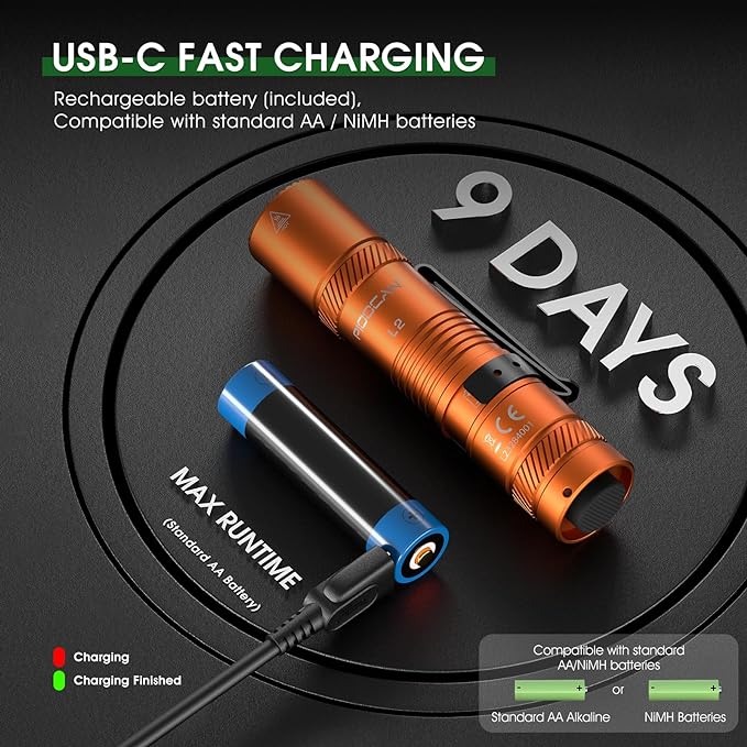 Rechargeable Flashlights 1200 Lumens EDC Flashlight, AA Pocket Flashlight High Lumens with Clip, Super Bright Small Flashlights, 4 Modes Flash Light for Camping, Home, and Emergencies (Orange)