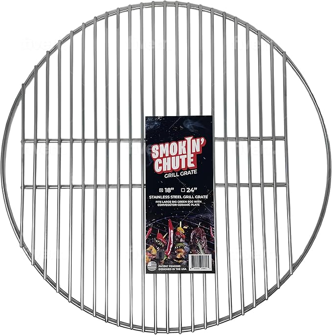 Stainless Steel Grate designed to work with the Smokin’ Chute System. Fits Large Big Green Egg and other 18” diameter grill grates.