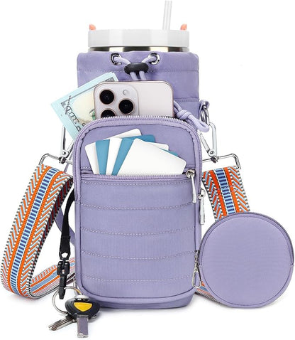 Water Bottle Carrier Bag with Strap, Sling Bag for Walking, Hiking, Cycling, Black, 40 Ounces