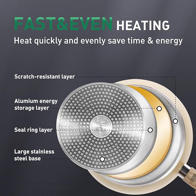 Kitchen Academy Induction Pots and Pans Set Non Stick - 12Pcs Beige Nonstick Kitchen Cookware Set, Granite Cooking Pans Set