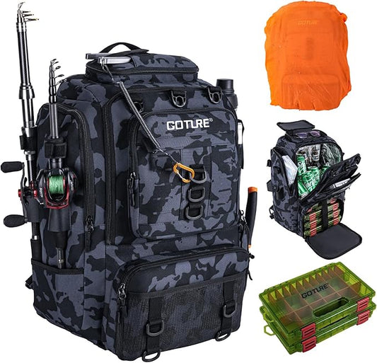 Goture 40L Fishing Tackle Backpack with Cooler and 2 3600 fishing tackle trays, 900D Water-Resistant Tackle Backpack with Removable Bait Binder, 2 Rod Holders and Rain Cover, Camouflage fishing bag