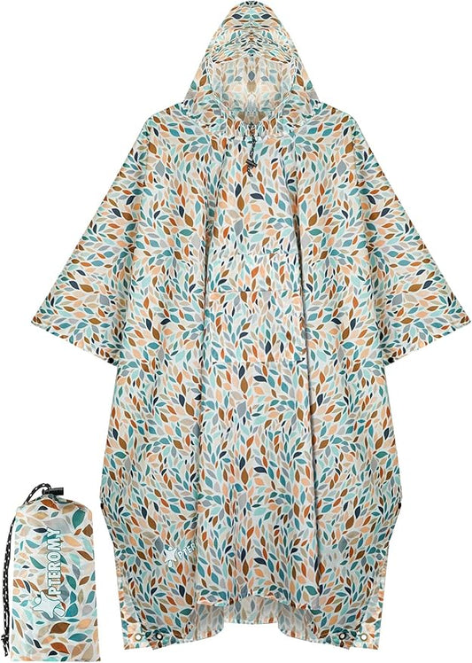 PTEROMY Hooded Rain Poncho for Adult with Pocket, Waterproof Lightweight Unisex Raincoat for Hiking Camping Emergency